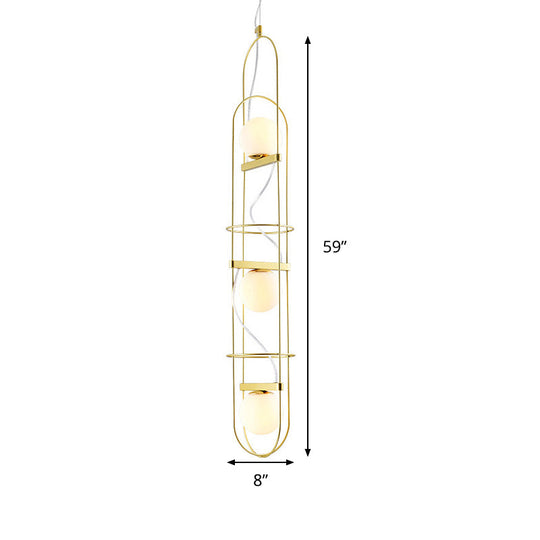 Modern Gold Chandelier With Oval Metal Frame - White Glass Sphere Ceiling Light (3 Heads)