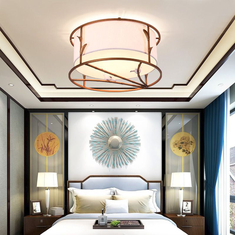 Traditional Brown Drum Ceiling Flush Lighting - Fabric Shade Multiple Sizes Heads Bedroom Mount Lamp