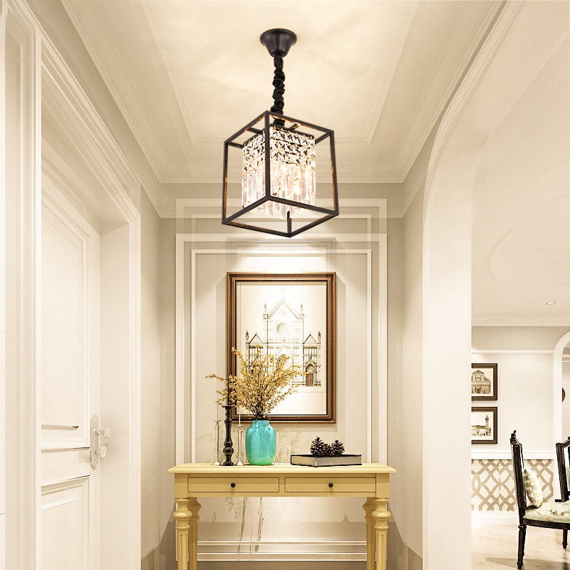 Modern Black Square Crystal Rod Pendant Chandelier With 2 Heads - Ideal For Corridors