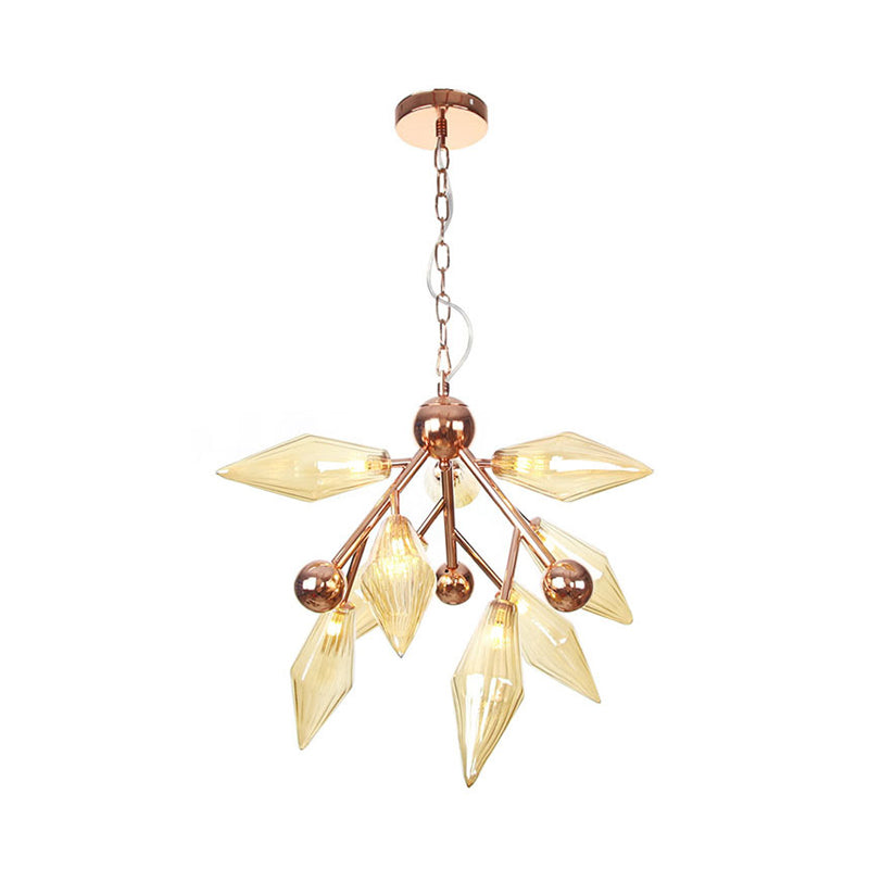 Vintage Metal Chandelier With 9 Lights And Amber/Clear Glass Shades For Dining Room Ceiling