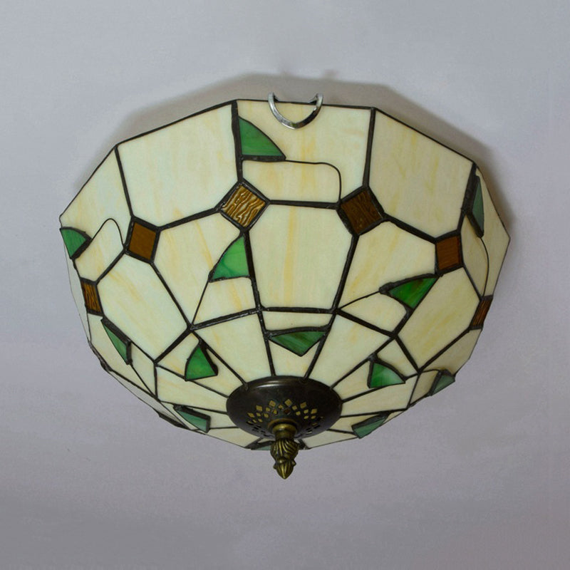 12’/16’ White Dome Tiffany Ceiling Lamp - Multicolored Stained Glass 2/3 Bulbs Flush Mount Lighting