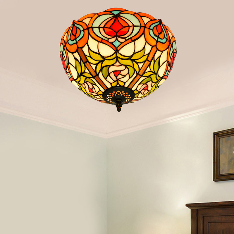 Victorian Glass Ceiling Flush Mount Light Fixture - Bowl Cut 2/3/5 Heads White/Green 12/16/19.5 Wide
