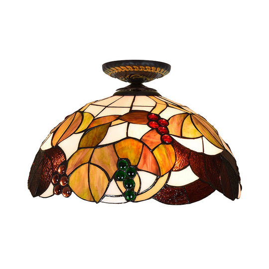 Grape Ceiling Lighting Tiffany Brass Stained Glass Flush Mount Light 1-Light 12’/16’ Width