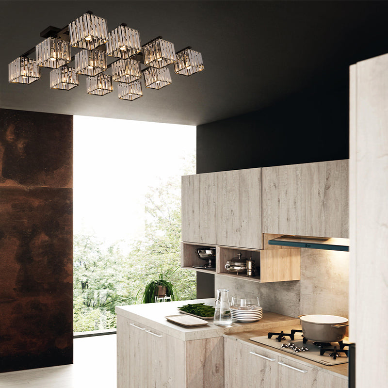 Square Crystal Rod Ceiling Light Fixture - Modern Semi Flush Mount With Tri-Sided Design (4/6/9