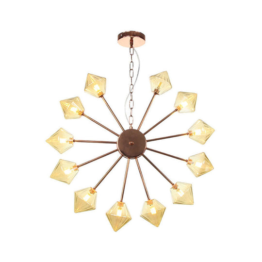 Industrial Amber/Clear Glass Diamond Shade Chandelier Lamp With Multiple Heads In