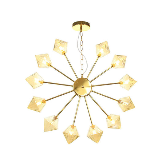 Industrial Amber/Clear Glass Diamond Shade Chandelier Lamp With Multiple Heads In