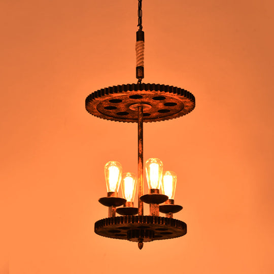 Rustic Copper Pendant Lamp - 4-Light Farmhouse Chandelier With Exposed Bulbs & Gear Deco