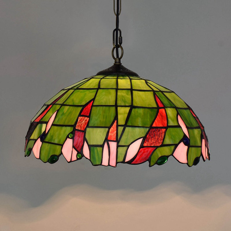 Tiffany Green Stained Glass Ceiling Pendant Light With Stylish Domed Suspension - Perfect For
