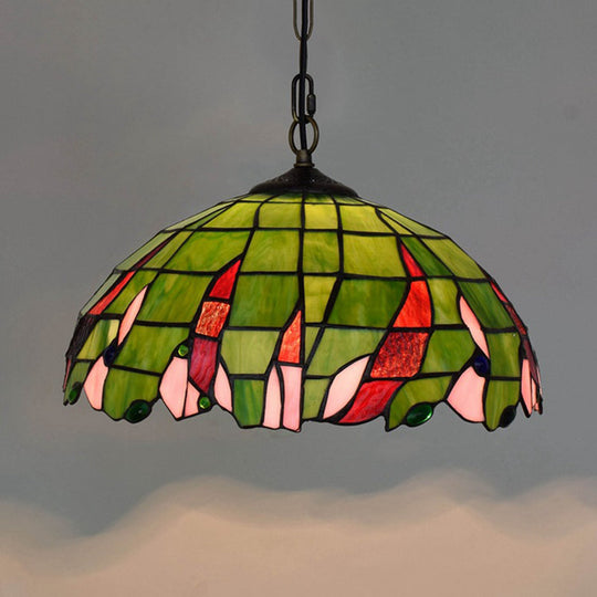 Tiffany Green Stained Glass Ceiling Pendant Light With Stylish Domed Suspension - Perfect For