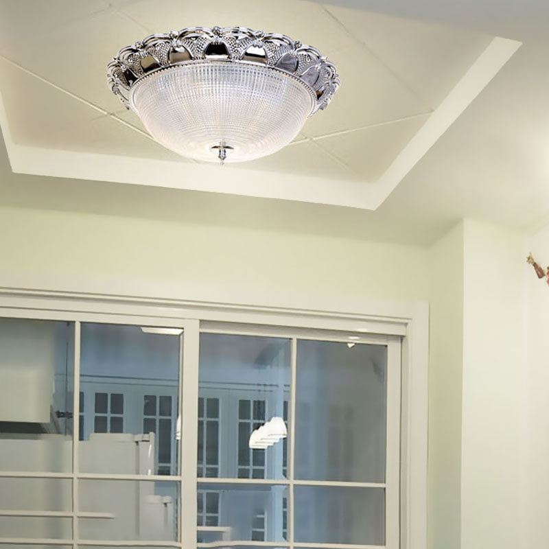 Contemporary Silver Crystal Dome Flush Mount Ceiling Light With 3 Heads