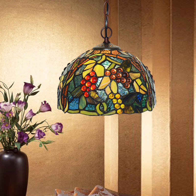 Mediterranean Stained Glass Hanging Light - Green Dome 8’/12’ Bronze Pendant