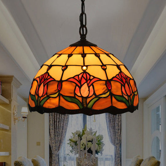 Mediterranean Black Blossom Down Lighting Pendant Light With Colorful Stained Glass - 1