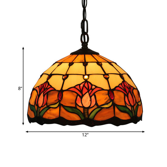 Mediterranean Black Blossom Down Lighting Pendant Light With Colorful Stained Glass - 1