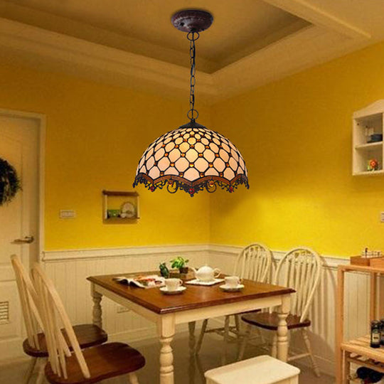 Mediterranean Beige Stained Glass Ceiling Lamp: Scalloped Design 1 Light Suspension Pendant For