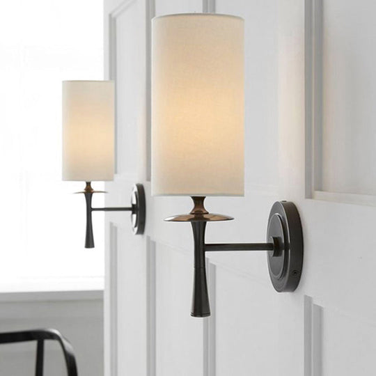 Modern Black Wall Sconce Light With White Glass Shade - 1 Head Cylindrical Fixture