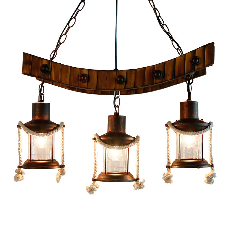Dark Brown Glass Chandelier Light Lantern - 3 Lights Warehouse Ceiling Fixture For Kitchen
