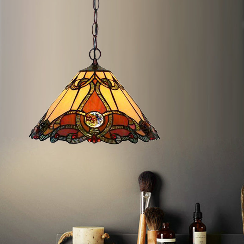 Tiffany Bronze Kitchen Pendant Lamp With Red Stained Glass Shade
