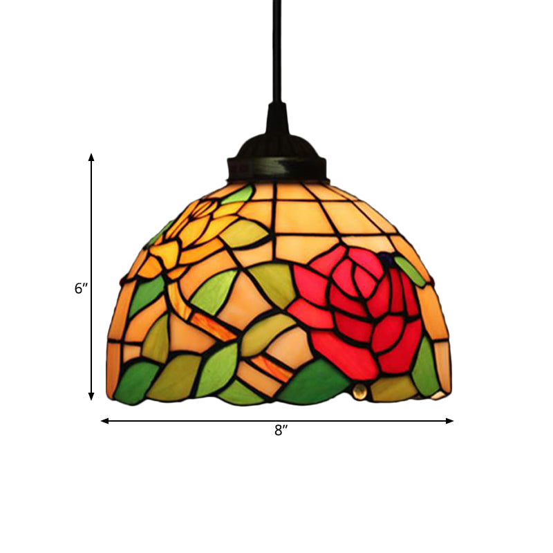 Victorian Floral Ceiling Pendant Light Fixture For Dining Room - Beige/Red/Pink Cut Glass Hanging