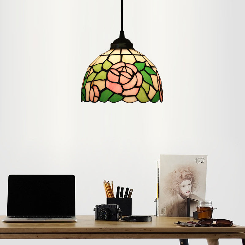 Tiffany Style Blossom Pendant Light Fixture Red/Pink/Green Cut Glass Bronze Down Lighting For