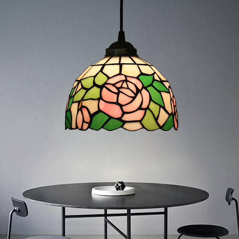 Tiffany Style Blossom Pendant Light Fixture Red/Pink/Green Cut Glass Bronze Down Lighting For