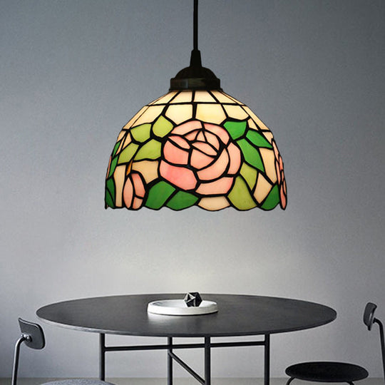 Tiffany Style Blossom Pendant Light Fixture Red/Pink/Green Cut Glass Bronze Down Lighting For