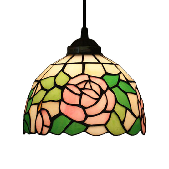 Tiffany Style Blossom Pendant Light Fixture Red/Pink/Green Cut Glass Bronze Down Lighting For
