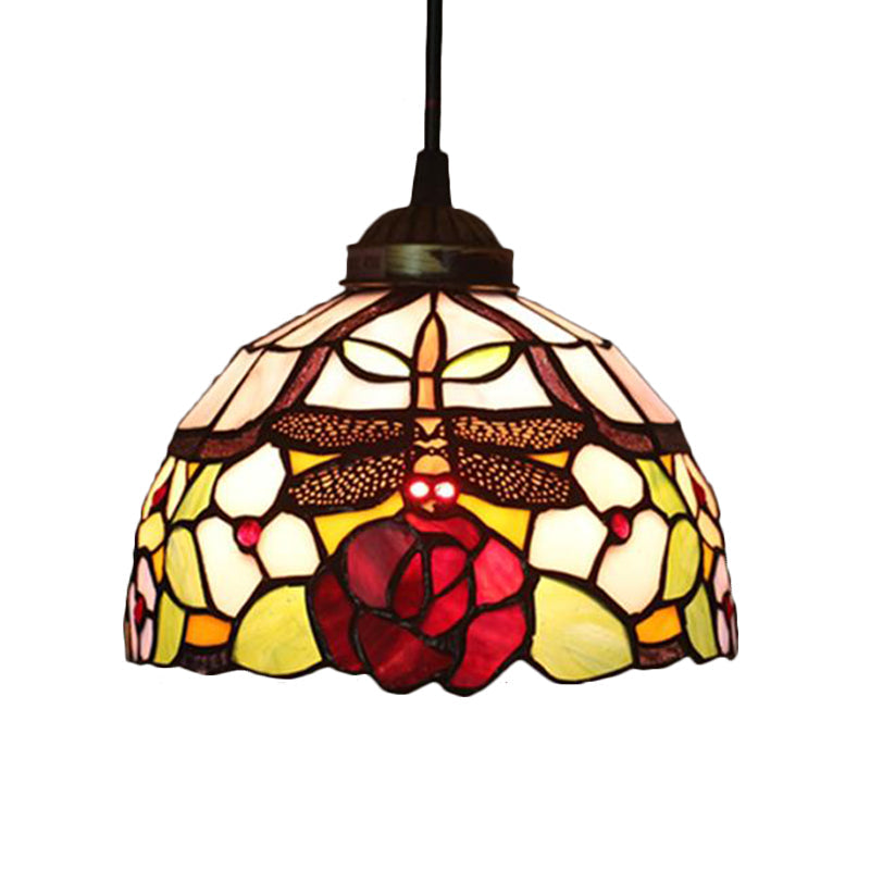 Tiffany Style Blossom Pendant Light Fixture Red/Pink/Green Cut Glass Bronze Down Lighting For