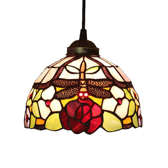 Tiffany Style Blossom Pendant Light Fixture Red/Pink/Green Cut Glass Bronze Down Lighting For