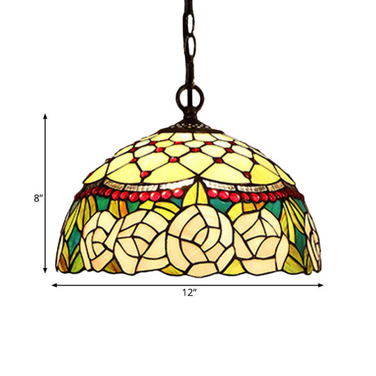 Mediterranean Bronze Kitchen Chandelier Pendant Light With Red/Yellow Cut Glass Shade - 12/16 W