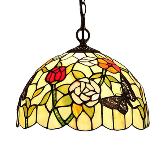 Mediterranean Bronze Kitchen Chandelier Pendant Light With Red/Yellow Cut Glass Shade - 12/16 W Red