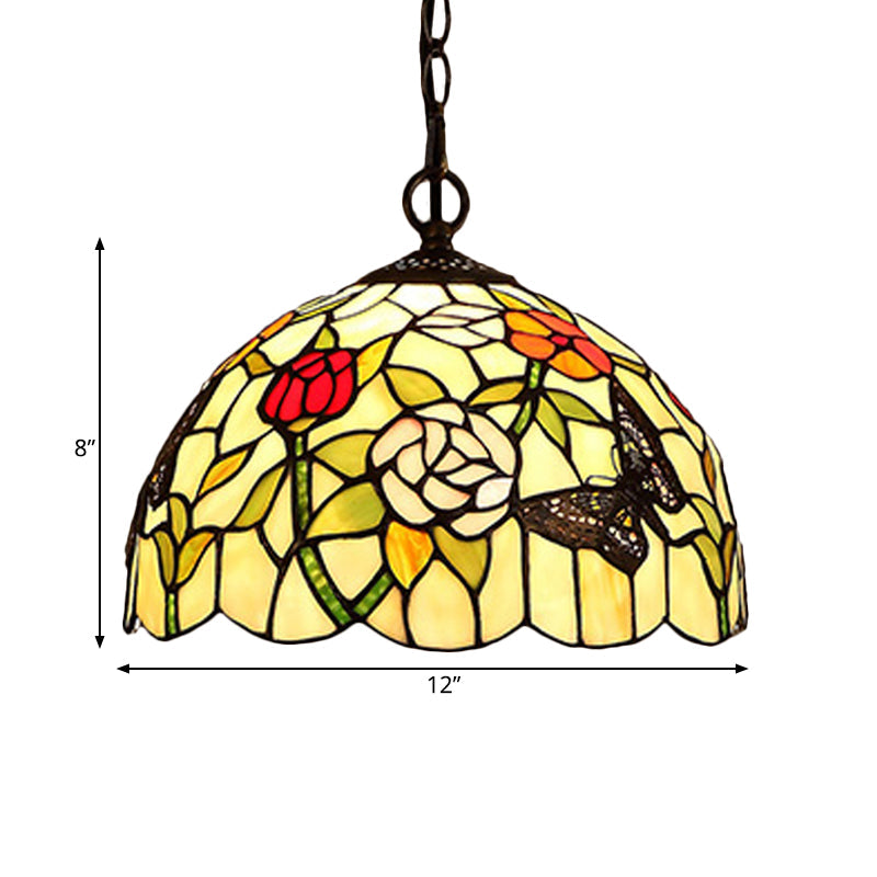 1/2-Light Mediterranean Bronze Kitchen Chandelier Pendant With Red/Yellow Glass Shade - 12’’/16’’ W