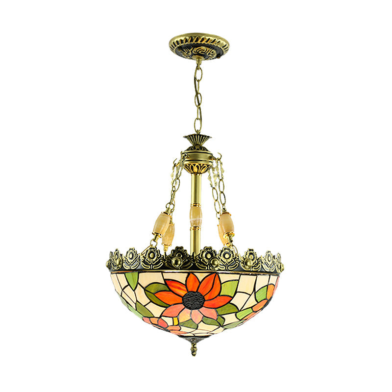 Sunflower/Rose Chandelier Pendant Light Kit - Stained Art Glass 3/4 Lights Red/Green Bedroom