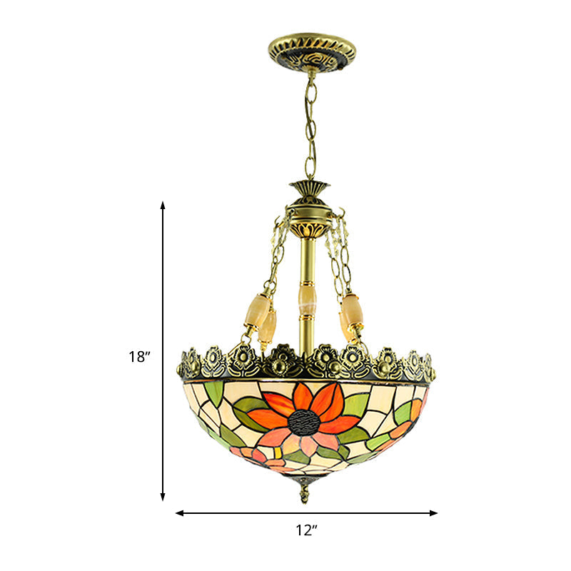 Sunflower/Rose Chandelier Pendant Light Kit - Stained Art Glass 3/4 Lights Red/Green Bedroom