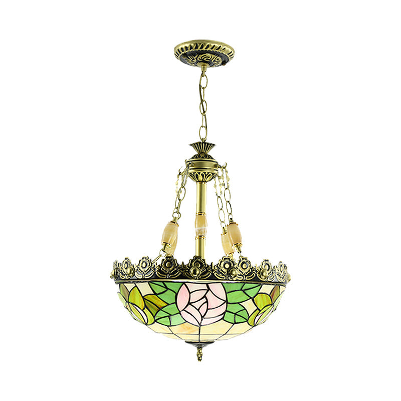Sunflower/Rose Chandelier Pendant Light Kit - Stained Art Glass 3/4 Lights Red/Green Bedroom