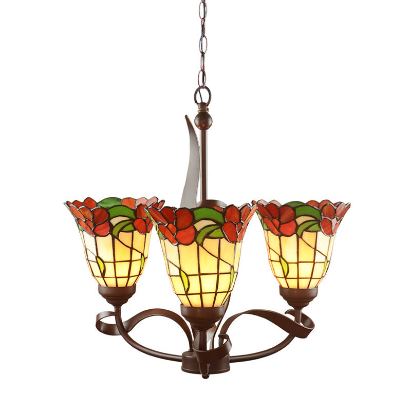 Red Glass Chandelier Pendant Light - Kitchen Ceiling Lamp With Blossom Design (3/5 Lights)