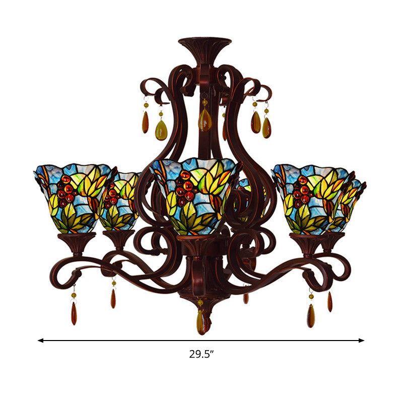Victorian 6-Light Bedroom Ceiling Chandelier With Floral Stained Glass Shades In Red Pink And Blue