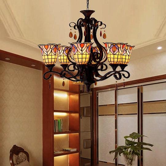 Victorian 6-Light Bedroom Ceiling Chandelier With Floral Stained Glass Shades In Red Pink And Blue