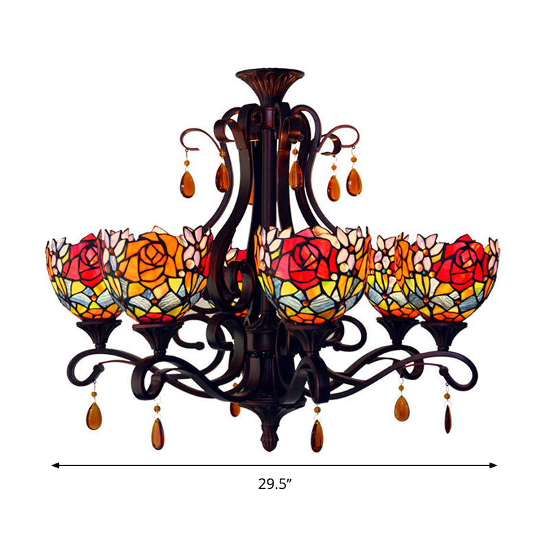Mediterranean Stained Glass Chandelier - 6-Lights Red/Yellow/Blue Pendant With Crystal Droplet