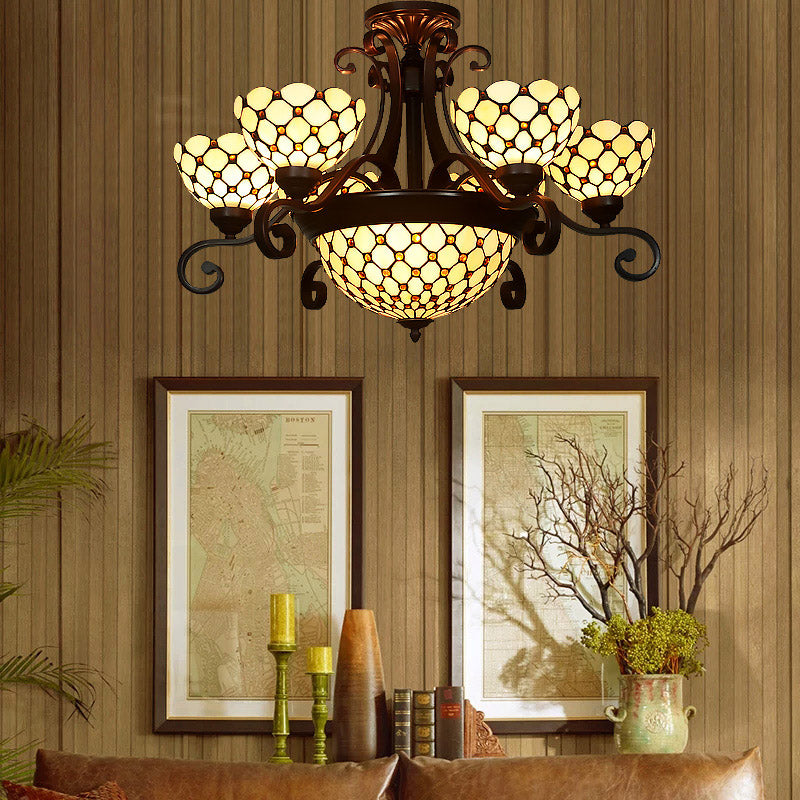 Stained Glass Chandelier Light Tiffany - Domed Design 9 Lights White/Red/Beige Ideal For Living