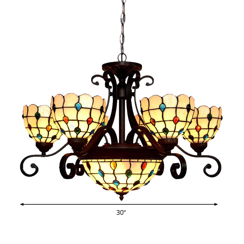 Stained Glass Chandelier Light Tiffany - Domed Design 9 Lights White/Red/Beige Ideal For Living