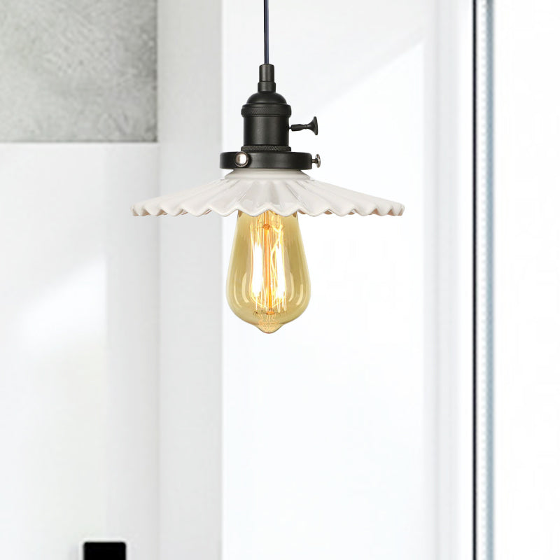 Ceramic Scalloped Edge Industrial Pendant Light With Single Bulb For Dining Rooms In Black Bronze