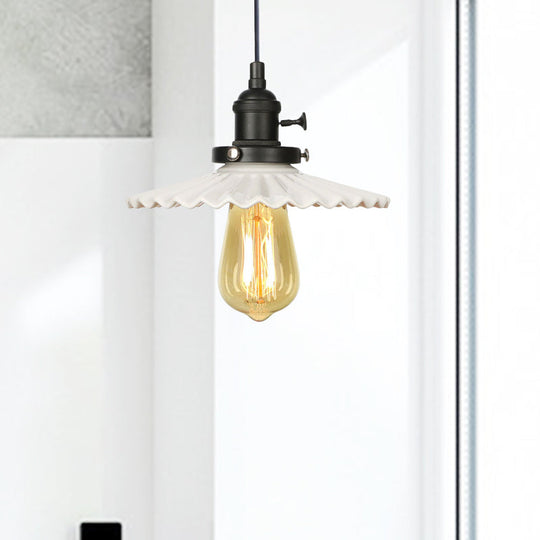 Ceramic Scalloped Edge Industrial Pendant Light With Single Bulb For Dining Rooms In Black Bronze