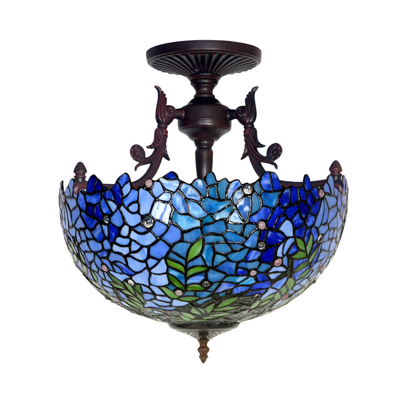Victorian Blue Stained Glass Ceiling Light Fixture - 3-Light Domed Semi Mount For Kitchen