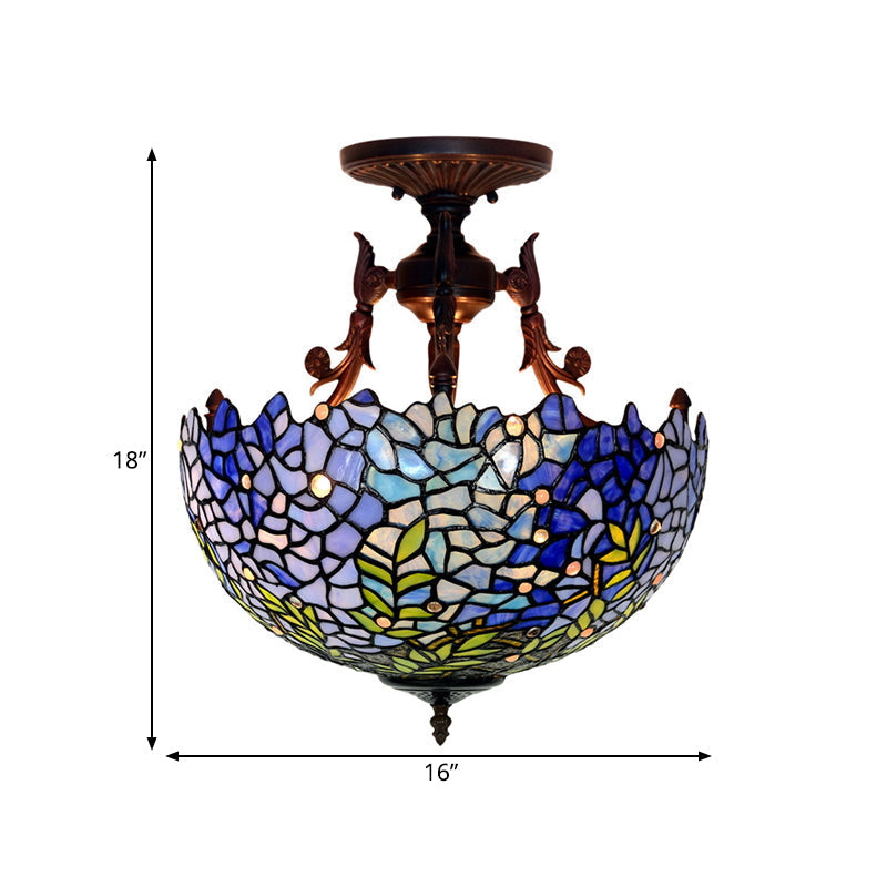Victorian Blue Stained Glass Ceiling Light Fixture - 3-Light Domed Semi Mount For Kitchen