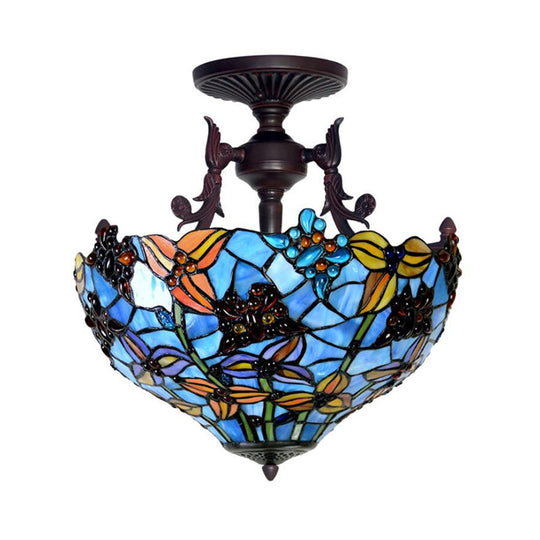 Victorian Blue Stained Glass Ceiling Light Fixture - 3-Light Domed Semi Mount For Kitchen