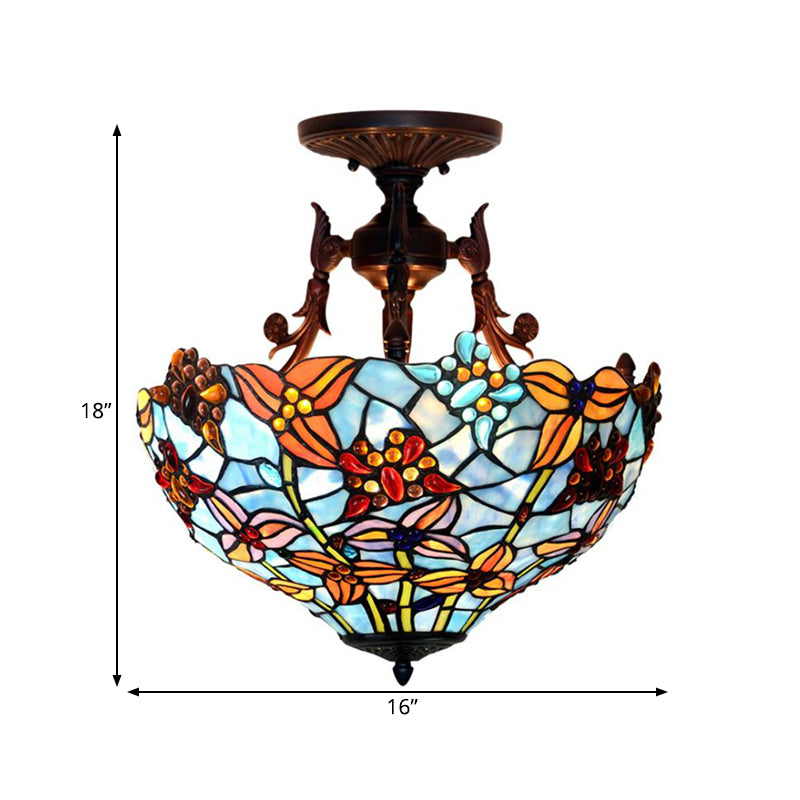 Victorian Blue Stained Glass Ceiling Light Fixture - 3-Light Domed Semi Mount For Kitchen