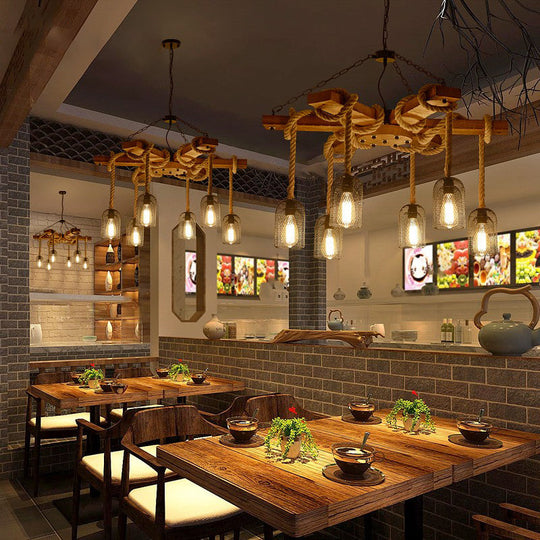 Stylish Lodge Pendant Lighting: Wood And Rope Ceiling Fixture With Wire Mesh 3/6 Lights Brown Base
