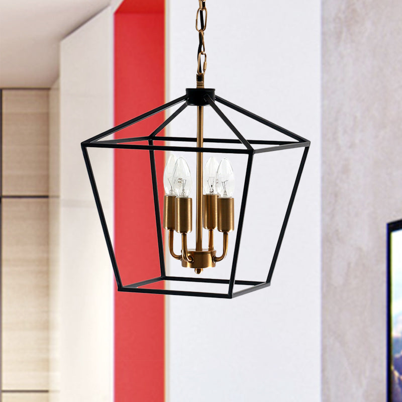 Industrial Black Chandelier With 4 Cage Metal Pendant Lights
