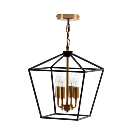 Industrial Black Chandelier With 4 Cage Metal Pendant Lights