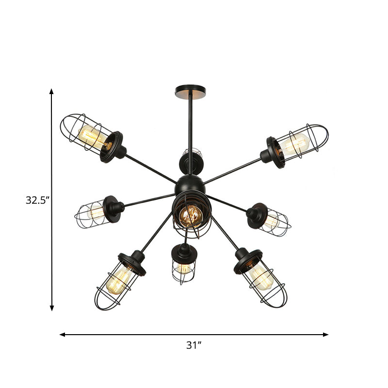 Farmhouse Style Iron Caged Chandelier - 9/12/15 Lights Sputnik Design Black Finish
